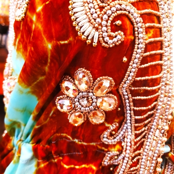 LAST ONE***MANISH VAID Ocean Dreams Turq. TIE DYE Hi-Lo Silk Emb. Dress-NWT-OS - Picture 9 of 9